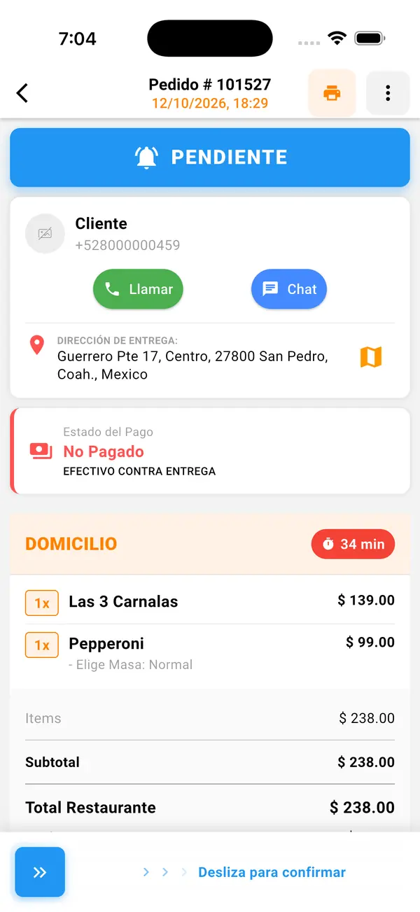 App EnCorto Restaurante: pedido nuevo de Pizzería Shoby’s listo para confirmar
