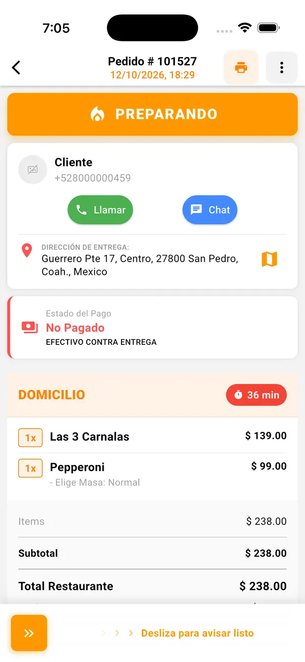 El restaurante recibe el pedido y lo marca en preparación