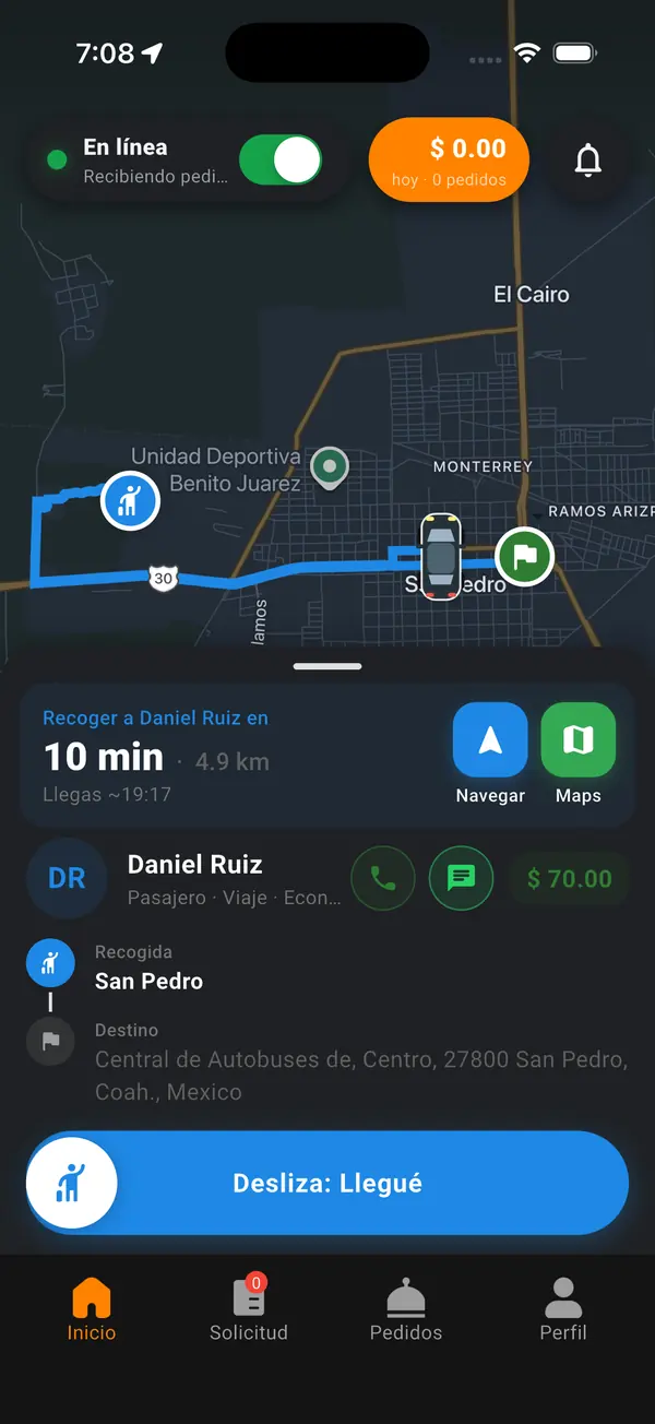 App EnCorto Repartidor: ruta para recoger al pasajero en San Pedro