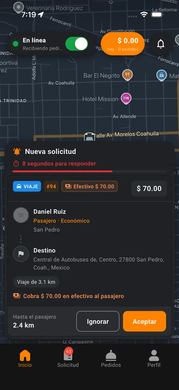 App de conductor EnCorto: nueva solicitud de viaje con lo que cobra