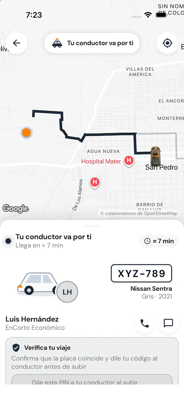 Conductor asignado con placa, auto y PIN de verificación