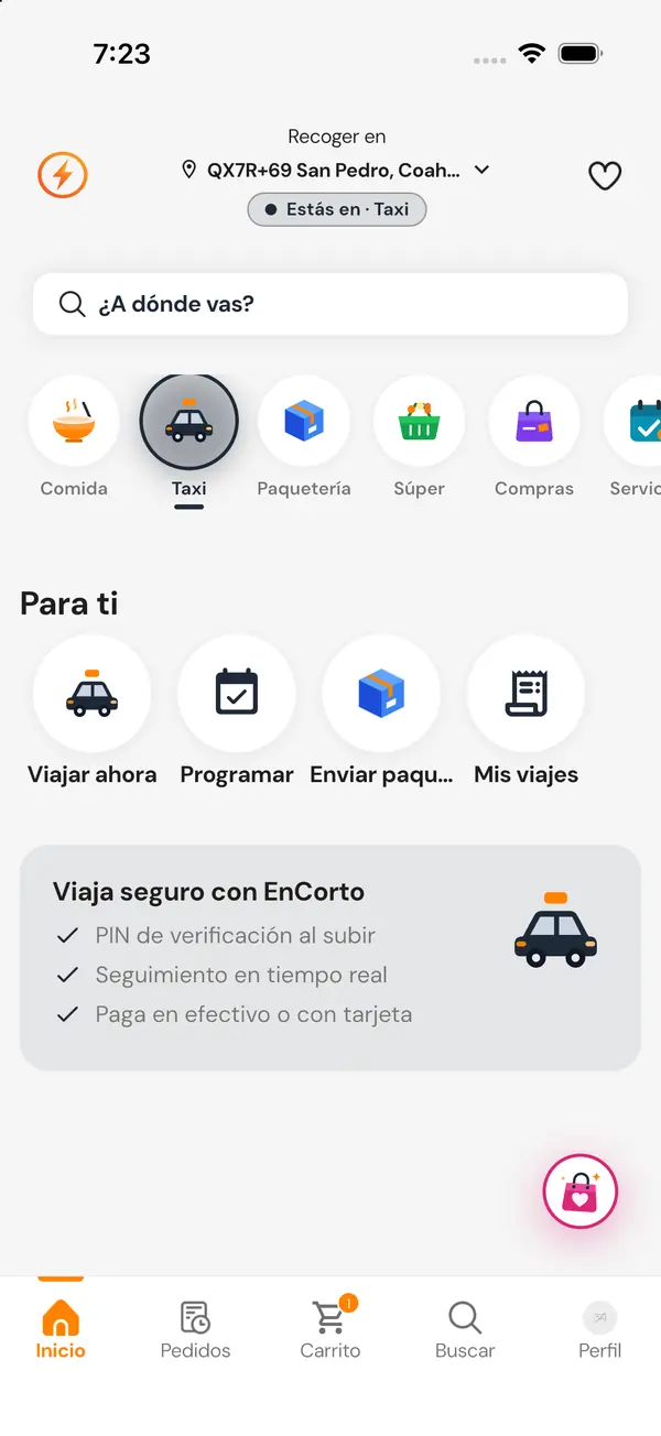 EnCorto Taxi: viajar ahora, programar, enviar paquete