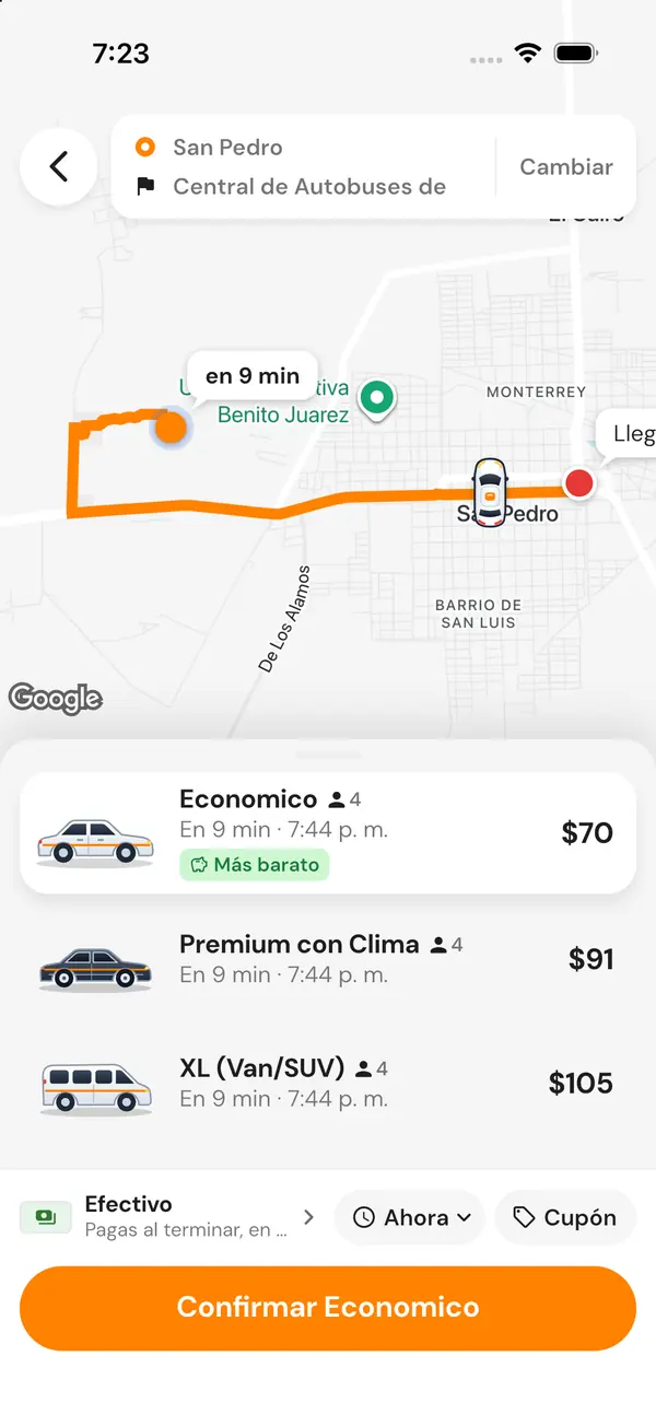 App EnCorto en San Pedro: taxi Económico, Premium con Clima o XL con precio