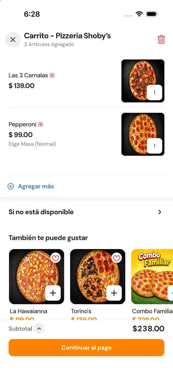 Carrito con dos pizzas de Shoby’s y subtotal