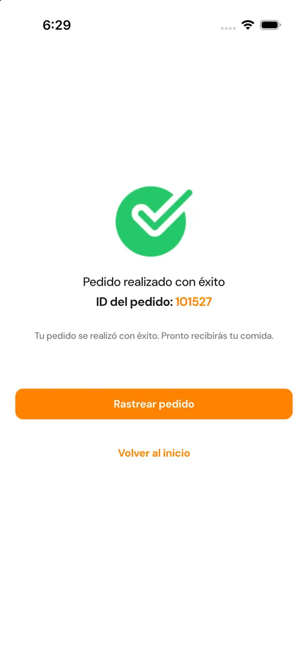 Pedido realizado con éxito, con botón para rastrearlo