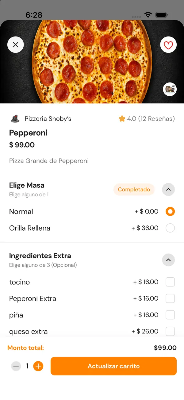 Pizza pepperoni con opciones de masa e ingredientes extra