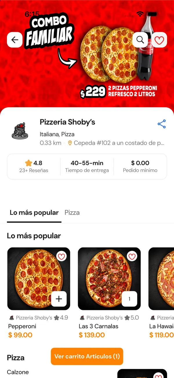 Pizzería Shoby’s en EnCorto: calificación 4.8, entrega en 40 a 55 minutos